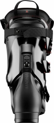 Rückansicht eines schwarzen Skischuhs mit verstellbarem Riemen und Logo.