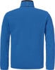 Blaue Fleecejacke mit hohem Kragen und Ziernähten am Nacken.