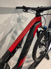 Detail eines Mountainbikes mit rotem Rahmen und Fox-Federung.