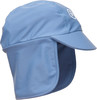 Helle blaue Kappe mit Nackenschutz und Logo.