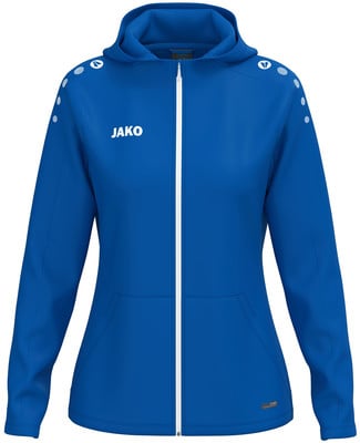 Blaue Herrenjacke mit Kapuze und weißem Reißverschluss, JAKO Logo. Blaue Herrenjacke mit Kapuze und weißem Reißverschluss, JAKO Logo.