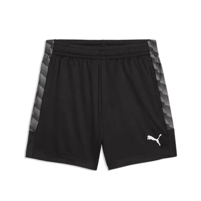 Schwarze Puma-Shorts mit grauem geometrischem Muster an den Seiten.