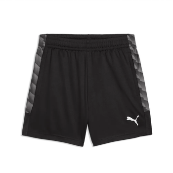 Schwarze Puma-Shorts mit grauem geometrischem Muster an den Seiten.