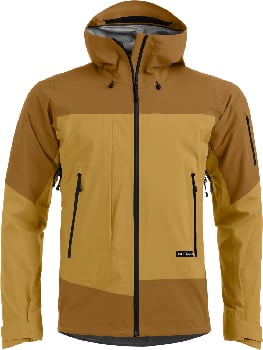 Braune Herrenjacke mit Kapuze und Farbblockierung, Reißverschluss.