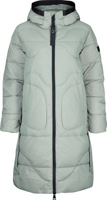 Eine hellgrüne Damen-Daunenjacke mit Kapuze und schwarzem Reißverschluss.