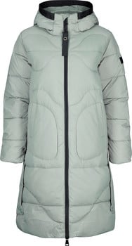 Eine hellgrüne Damen-Daunenjacke mit Kapuze und schwarzem Reißverschluss.