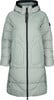 Eine hellgrüne Damen-Daunenjacke mit Kapuze und schwarzem Reißverschluss.