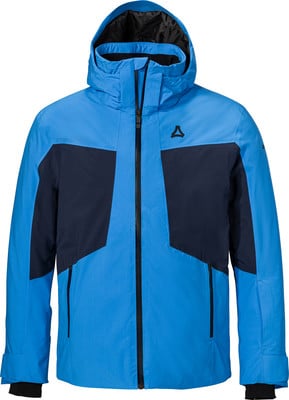 Blaue Skijacke mit dunkelblauen Einsätzen und schwarzem Reißverschluss. Blaue Skijacke mit dunkelblauen Einsätzen und schwarzem Reißverschluss.