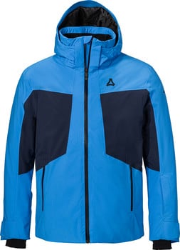 Blaue Skijacke mit dunkelblauen Einsätzen und schwarzem Reißverschluss.