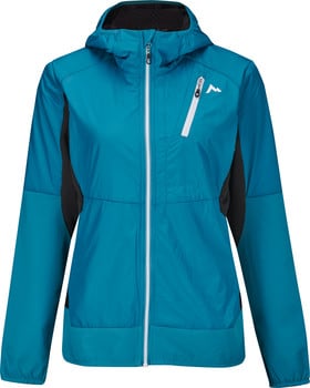 Damenjacke in Blau mit Kapuze und weißem Reißverschluss, mit Logo auf der Brust.