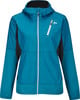 Damenjacke in Blau mit Kapuze und weißem Reißverschluss, mit Logo auf der Brust.
