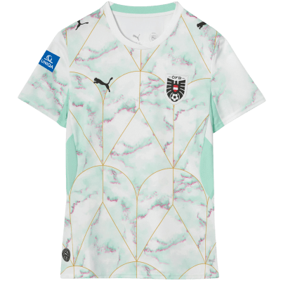 Weißes Fußballtrikot mit Marmormuster und goldenen Linien.