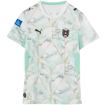 Weißes Fußballtrikot mit Marmormuster und goldenen Linien.