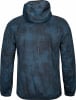 Rückansicht einer dunkelblauen Kapuzenjacke mit Muster.