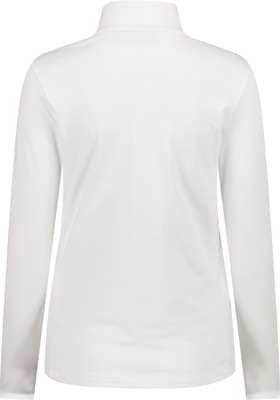 Rückansicht eines weißen Damen-Langarmshirts mit Stehkragen.