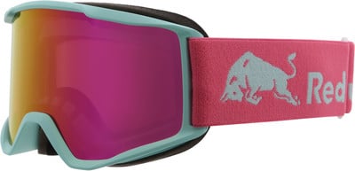 Skibrille mit türkisfarbenem Rahmen und pinkem Band mit Red Bull Logo. Skibrille mit türkisfarbenem Rahmen und pinkem Band mit Red Bull Logo.