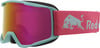 Skibrille mit türkisfarbenem Rahmen und pinkem Band mit Red Bull Logo.