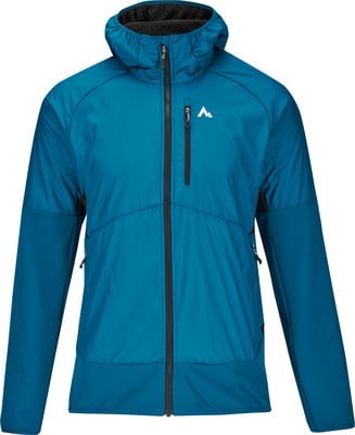 Blaue Herrenjacke mit Kapuze und Logo auf der Brust. Blaue Herrenjacke mit Kapuze und Logo auf der Brust.