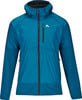 Blaue Herrenjacke mit Kapuze und Logo auf der Brust.