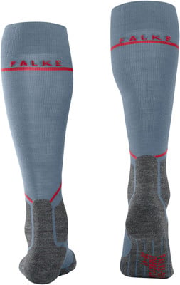 Zwei graue Kniestrümpfe mit rotem Streifen und Falke-Logo. Zwei graue Kniestrümpfe mit rotem Streifen und Falke-Logo.