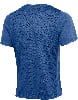 Rückansicht eines blauen T-Shirts mit weißem Kragen und kurzen Ärmeln.