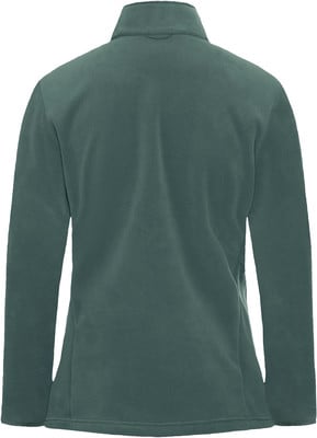 Grüne Fleecejacke mit langen Ärmeln und Stehkragen, Rückansicht. Grüne Fleecejacke mit langen Ärmeln und Stehkragen, Rückansicht.