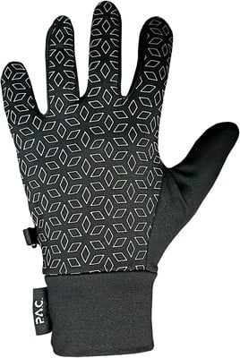 Schwarze Handschuhe mit weißem geometrischem Muster und PAC-Logo.