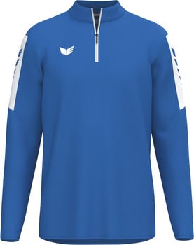 Blaues Sweatshirt mit weißem Logo und Streifen an den Ärmeln und weißem Reißverschluss.