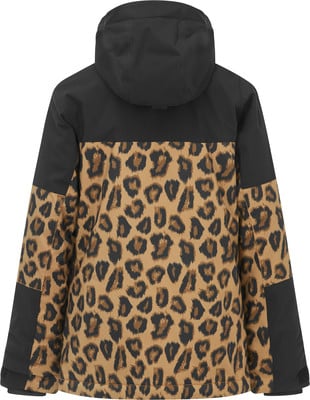Rückseite einer schwarzen Jacke mit Leopardenmuster und Kapuze. Rückseite einer schwarzen Jacke mit Leopardenmuster und Kapuze.