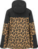 Rückseite einer schwarzen Jacke mit Leopardenmuster und Kapuze.
