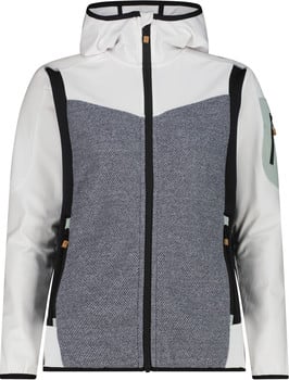 Weiße Damenjacke mit grauem, texturiertem Vorderteil und schwarzen Details.