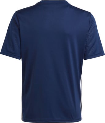 Dunkelblaues T-Shirt mit kurzen Ärmeln und weißen Streifen an den Seiten. Dunkelblaues T-Shirt mit kurzen Ärmeln und weißen Streifen an den Seiten.