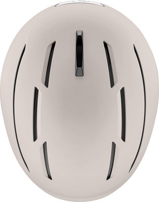 Beige Helm mit schwarzen Lüftungsschlitzen und silbernem Logo oben. Beige Helm mit schwarzen Lüftungsschlitzen und silbernem Logo oben.