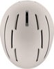 Beige Helm mit schwarzen Lüftungsschlitzen und silbernem Logo oben.