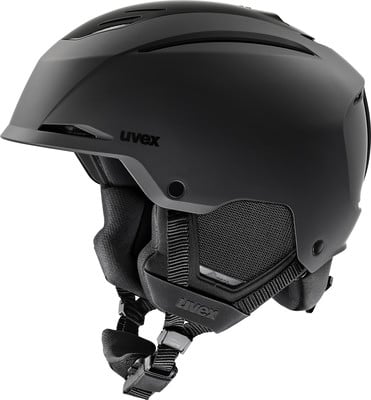 Schwarzer Skihelm von Uvex mit Verstellsystem und abnehmbaren Ohrenschützern. Schwarzer Skihelm von Uvex mit Verstellsystem und abnehmbaren Ohrenschützern.