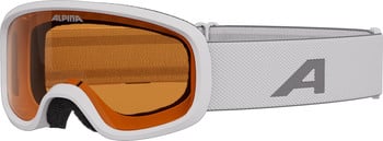 Alpina Skibrille mit orangefarbenem Glas und weißem Rahmen.