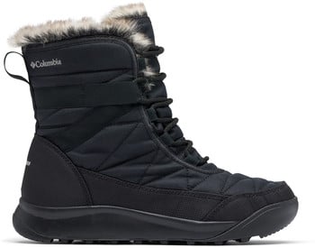 Schwarze Damen-Winterstiefel von Columbia mit Pelzbesatz und wasserdichter Ausrüstung.