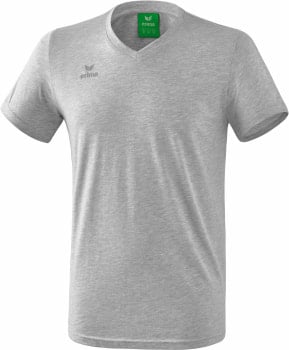 Graues Herren-T-Shirt mit kurzen Ärmeln und V-Ausschnitt.