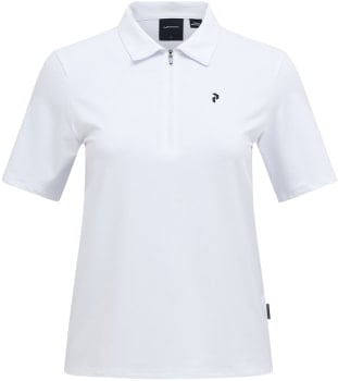 Damen-Poloshirt in Weiß mit kurzem Ärmel und Reißverschluss.