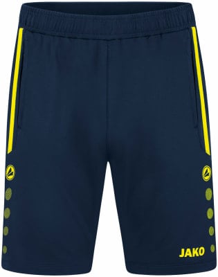 Dunkelblaue Shorts mit gelben Streifen und JAKO-Logo.