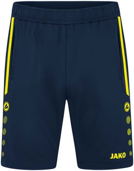 Dunkelblaue Shorts mit gelben Streifen und JAKO-Logo.