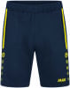 Dunkelblaue Shorts mit gelben Streifen und JAKO-Logo.
