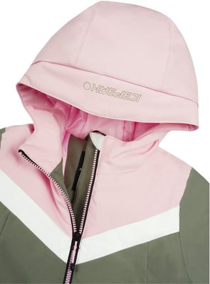 Eine rosa Kapuzenjacke mit einem weißen und grünen V-förmigen Streifen. Eine rosa Kapuzenjacke mit einem weißen und grünen V-förmigen Streifen.