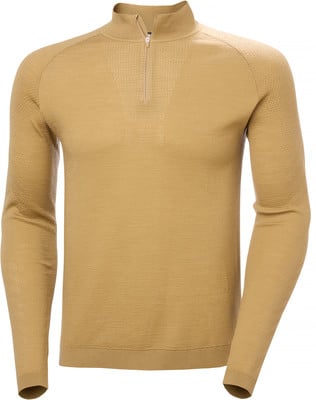 Goldener Herrenpullover mit langen Ärmeln und kurzem Reißverschluss am Kragen.