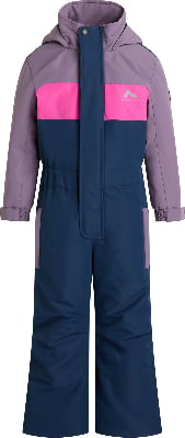 Kinder-Skianzug in Dunkelblau mit rosa und violetten Akzenten. Kinder-Skianzug in Dunkelblau mit rosa und violetten Akzenten.