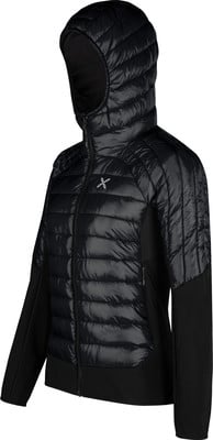 Schwarze Daunenjacke mit Kapuze und Kontrastpaneelen an den Seiten. Schwarze Daunenjacke mit Kapuze und Kontrastpaneelen an den Seiten.