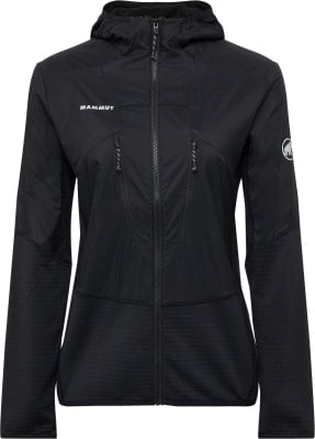 Schwarze Mammut-Jacke mit Kapuze und Reißverschluss, Logo auf Brust und Ärmel. Schwarze Mammut-Jacke mit Kapuze und Reißverschluss, Logo auf Brust und Ärmel.