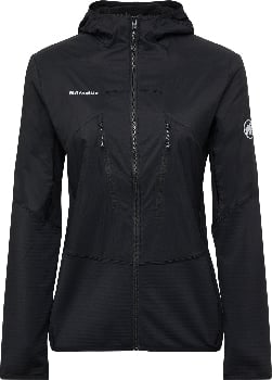 Schwarze Mammut-Jacke mit Kapuze und Reißverschluss, Logo auf Brust und Ärmel.