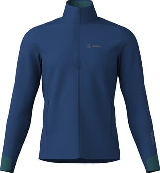Blaue Herrenjacke mit hohem Kragen und Markenlogo auf der Brust.