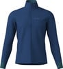 Blaue Herrenjacke mit hohem Kragen und Markenlogo auf der Brust.